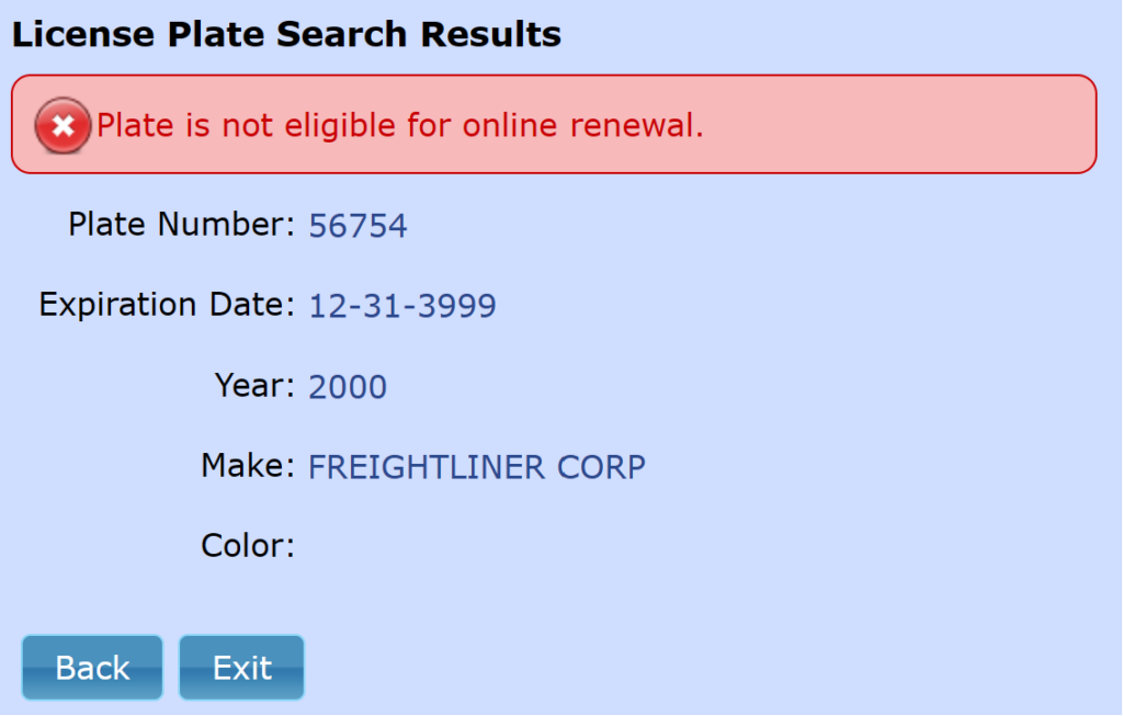 DMV portal - license plate search results 