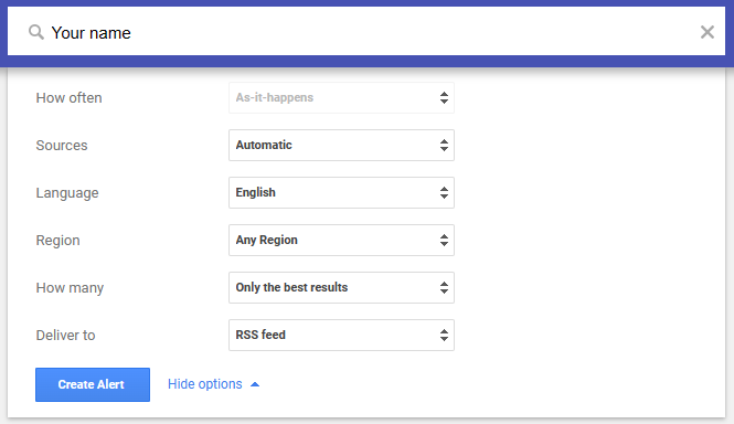Setting up Google Alerts for your name