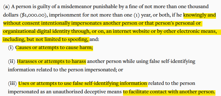 Wyoming - Unlawful impersonation through electronic means 