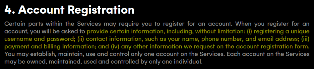 Bingo Cash "Account registration" information 