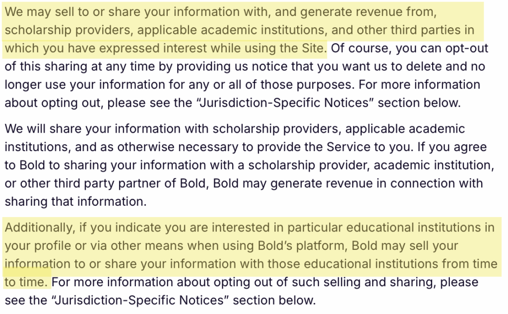 Section on information sharing and selling by Bold.org in its privacy policy 