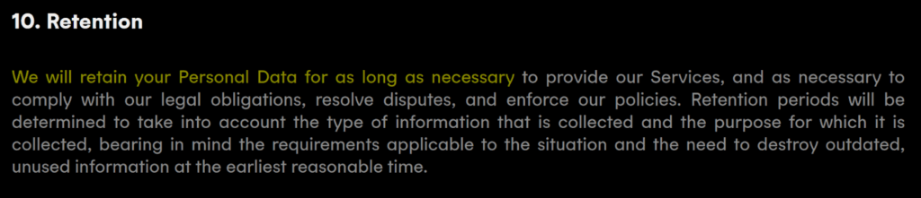 Bubble Cash privacy policy 'Retention' section 