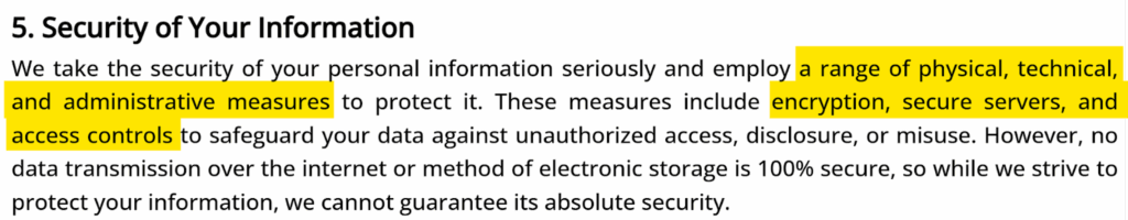 Cars for Kids privacy policy "Security of Your Information" section 