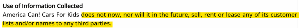 Cars for Kids privacy policy "Use of Information Collected" section 