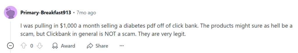 Reddit post saying ClickBank is very legit 