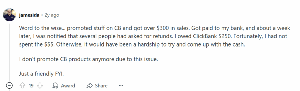 Reddit post warning other about ClickBank refunds 