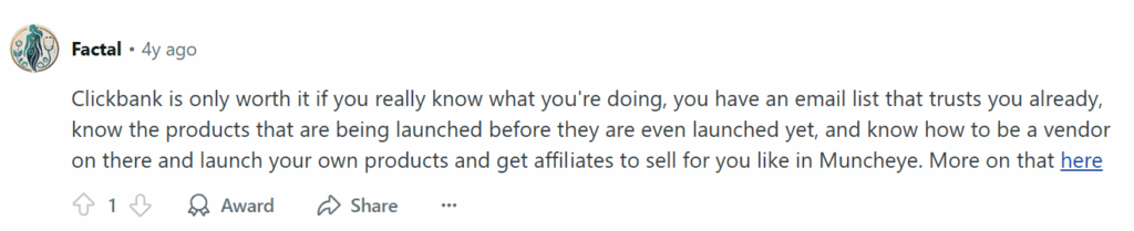 Reddit post saying that ClickBank is only worth it if you're an affiliate who knows what they're doing 