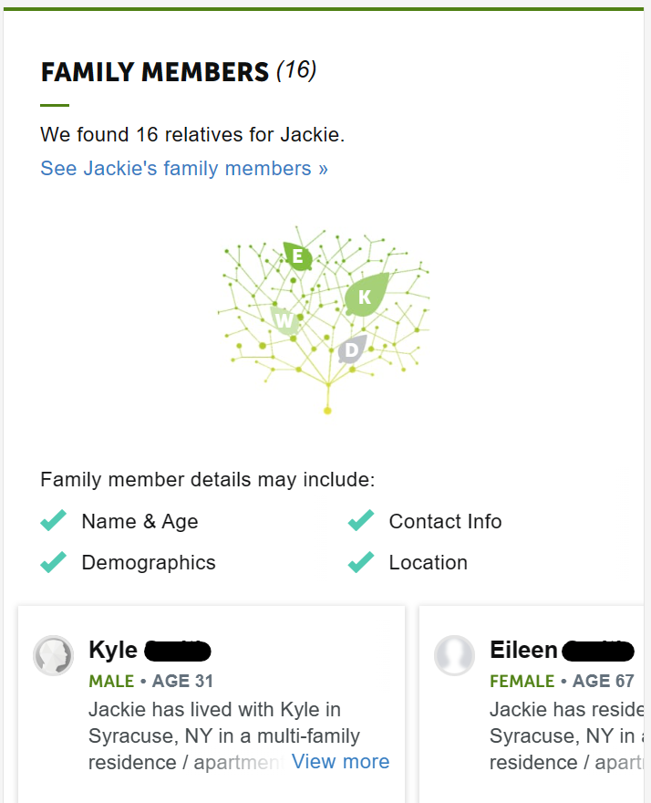 Family member information on a person's people search site profile 