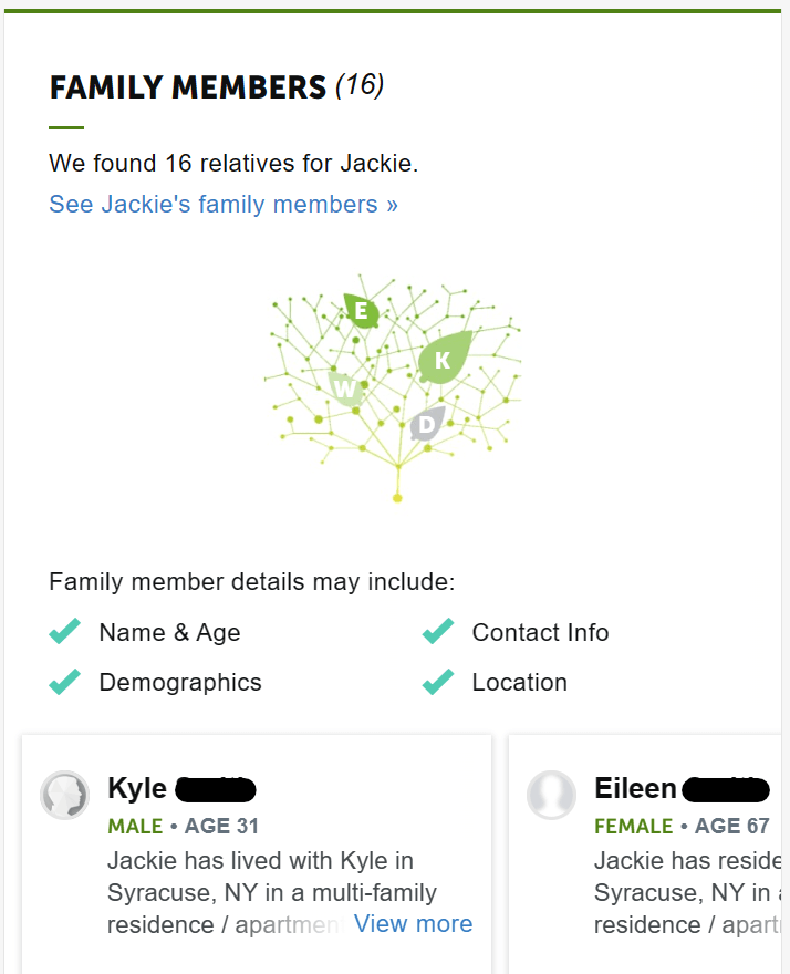 Data broker showing a person's family member information 