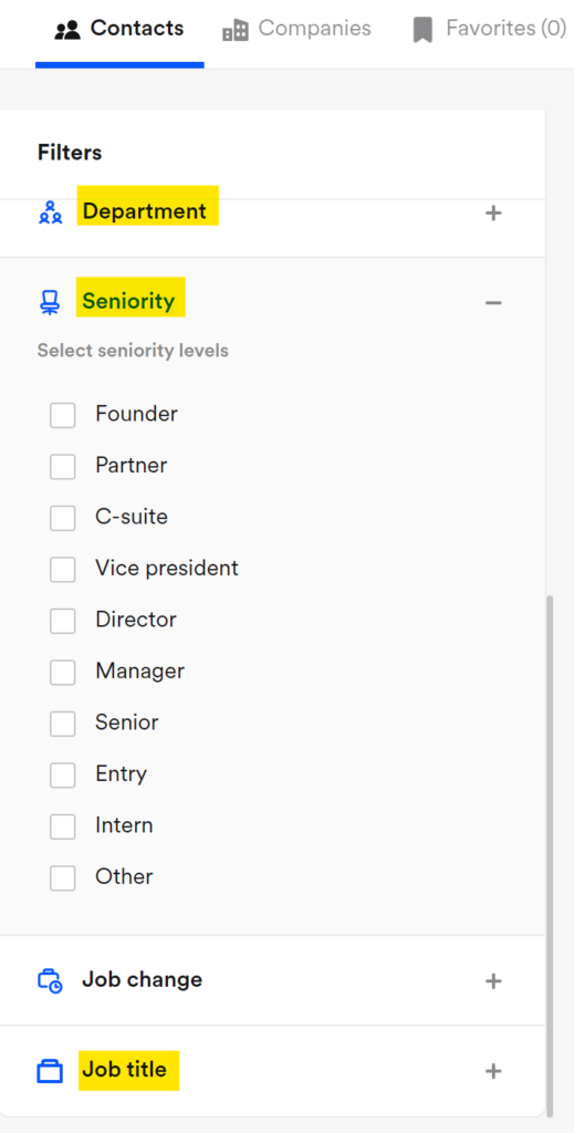 Data broker filters - search by department, seniority, job title, etc. 