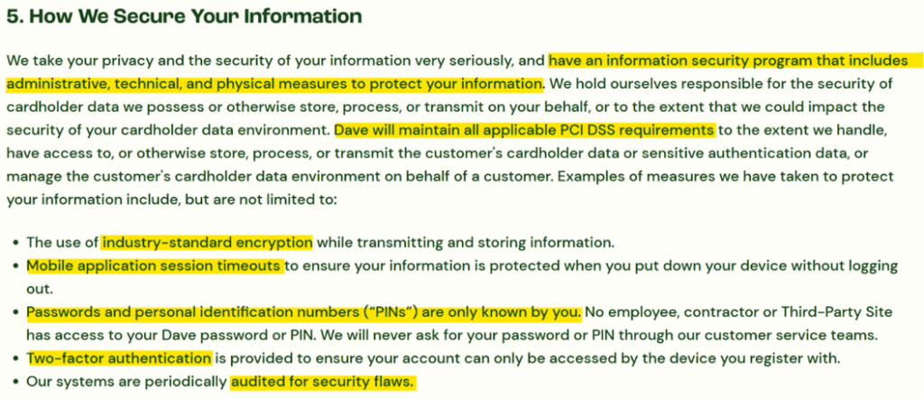 Dave privacy policy 'How We Secure Your Information' section 