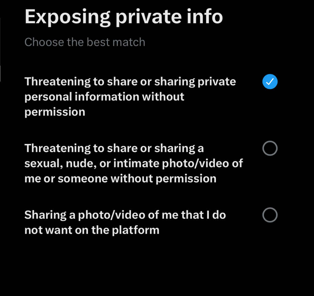 X/twitter app option menu for how your privacy was violated through the exposure of your private info