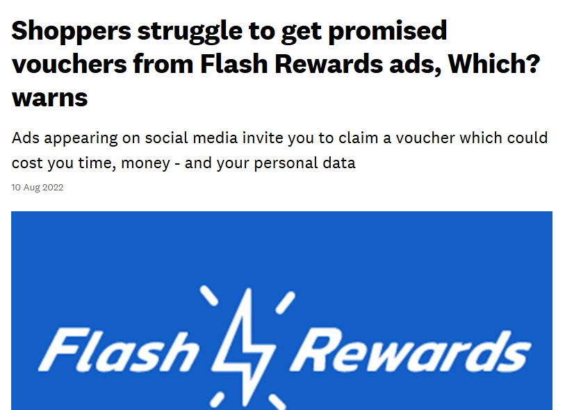 News headline: "Shoppers struggle to get promised vouchers from Flash Rewards ads, Which? warns" 