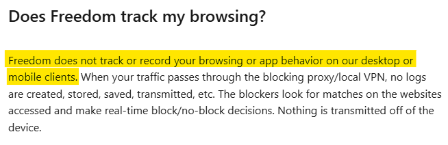 Freedom app information on whether it tracks your browsing 