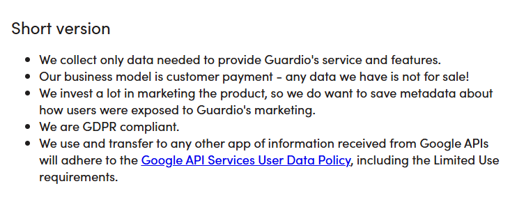 Guardio privacy policy "Short version" 