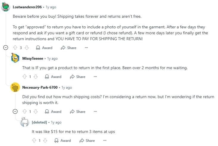 Negative Reddit post about Halara regarding shipping and returns 