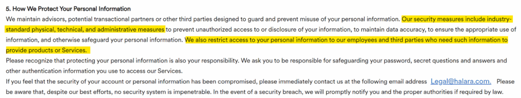 'How We Protect Your Personal Information' section in Halara's privacy policy 
