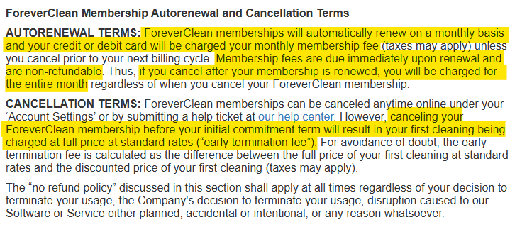 Homeaglow "ForeverClean Membership Autorenewal and Cancellation Terms" 