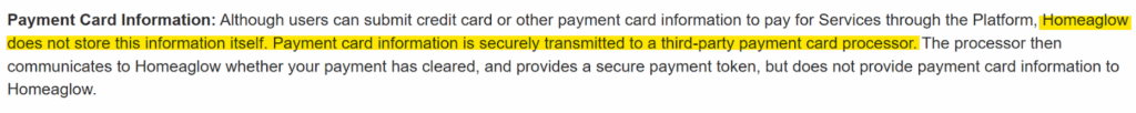Homeaglow payment card information storage 