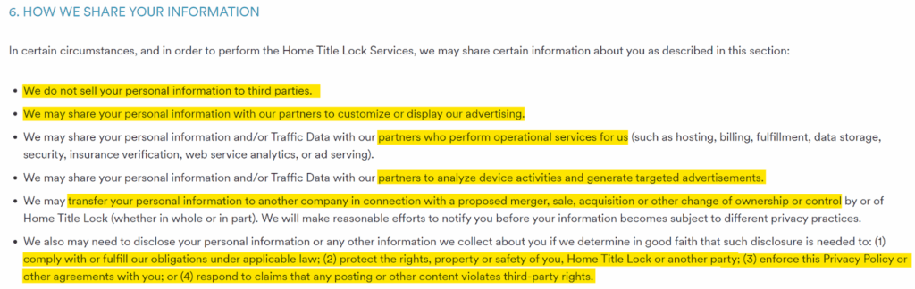 Home Title Lock Insurance privacy policy "How we share your information" 