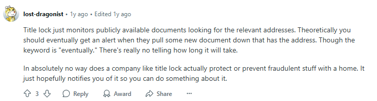 Reddit post about Home Title Lock and about how it "just monitors publicly available documents looking for the relevant addresses." 