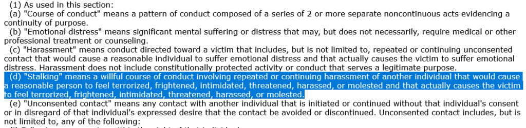 Michigan Penal Code section 750.411h - stalking 