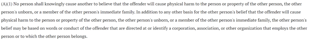 Section 2903.22 of the Ohio Revised Code - menacing 