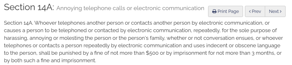 Massachusetts General Laws Chapter 269, Section 14A - annoying telephone calls or electronic communication 