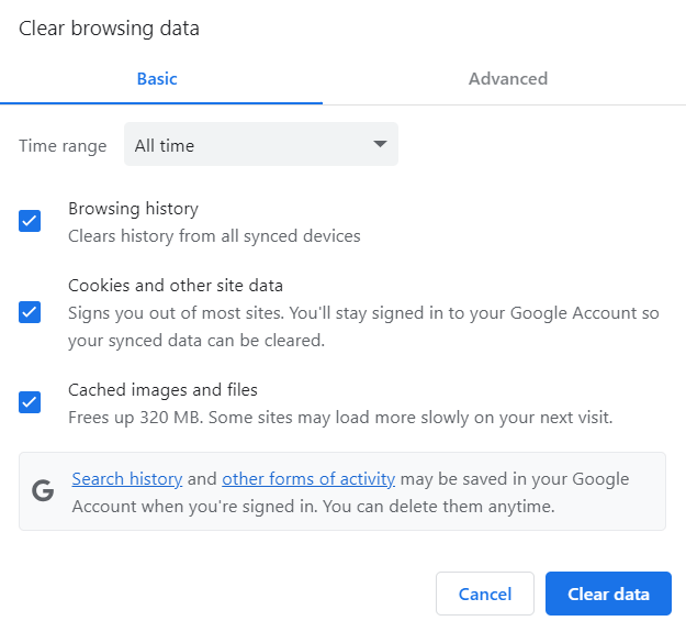 Clear browsing data basic menu 