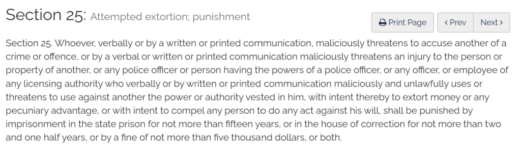 Massachusetts General Laws Chapter 265, Section 25 - extortion 