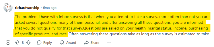 Reddit post about InboxDollars 