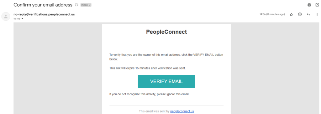 Intelius (PeopleConnect) email confirmation link 