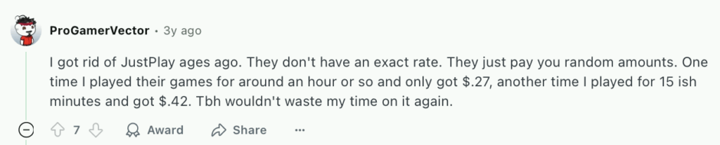 Negative Reddit post about JustPlay