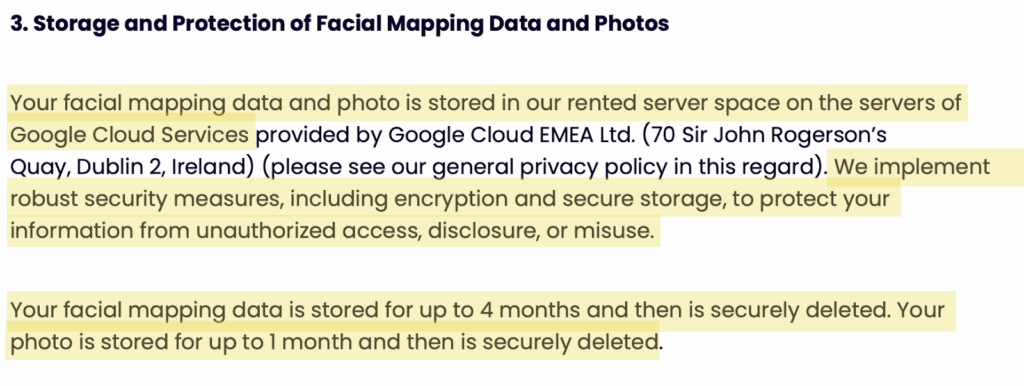 JustPlay privacy policy '3. Storage and Protection of Facial Mapping Data and Photos' section 