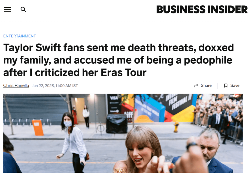 Business Insider article headline about being doxxed by Taylor Swift fans for criticizing her Eras tour 
