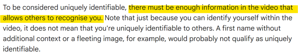 YouTube's definition of uniquely identifiable information 