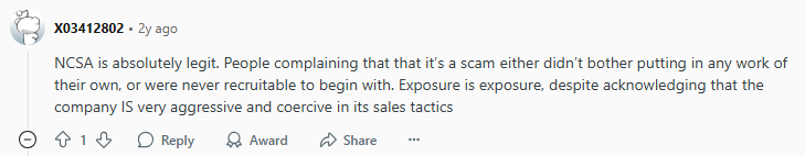 Reddit post about NCSA being legit 