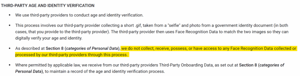 OnlyFans privacy policy section 'Third-party age and identity verification' 