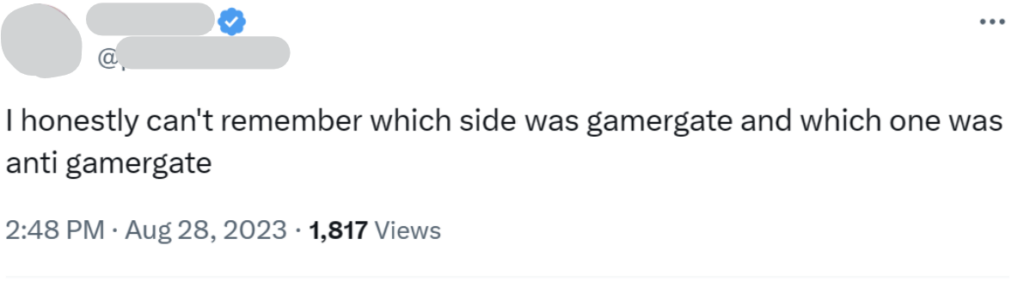 X/Twitter post about not being able to remember which side was gamergate and which side was anti gamergate 