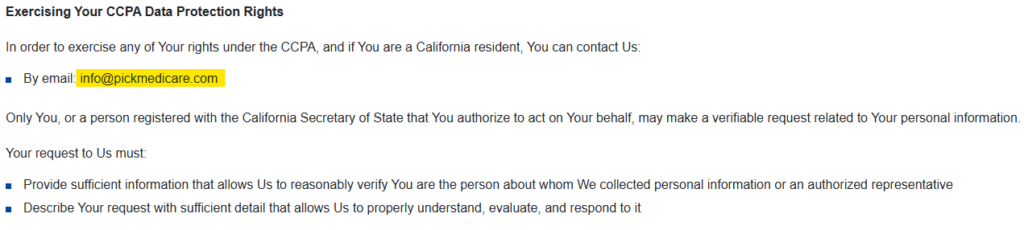 PickMedicare information on how to exercise your CCPA data protection rights 