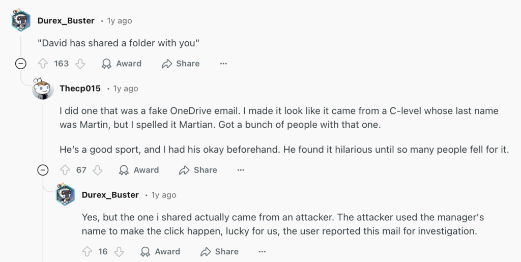 Reddit post about effective phishing emails 