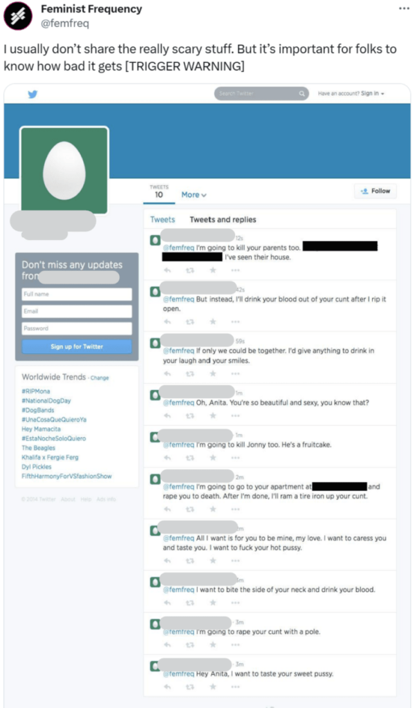 X/Twitter post from Feminist Frequency showing the threatening and doxxing messages she received 