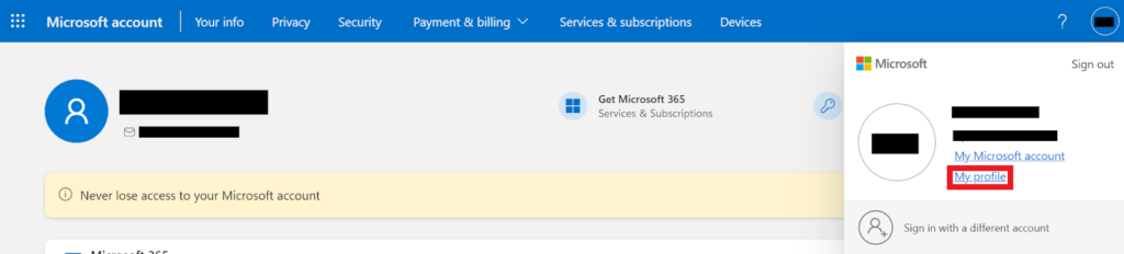 Microsoft account - My profile option 