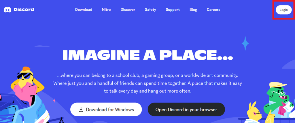 Discord website - login button in the upper right 