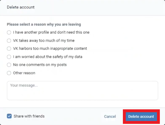 Reason for leaving VK and "Delete account" button 