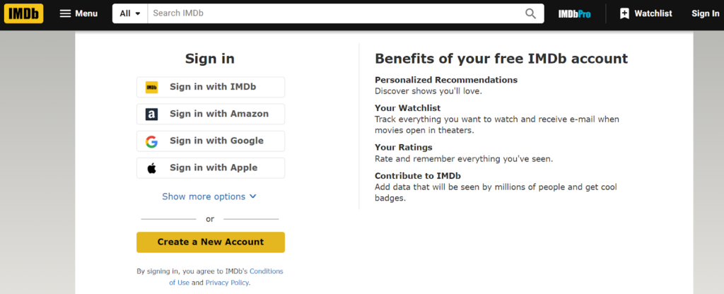 IMDb sign in page