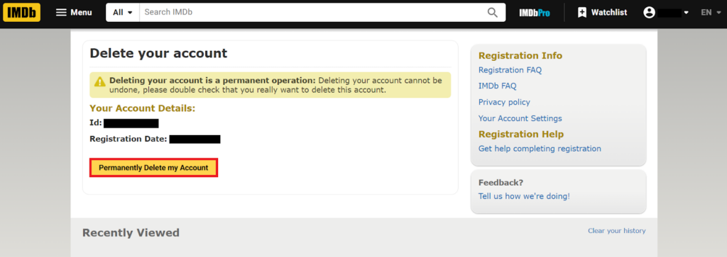 IMDb permanently delete my account button 