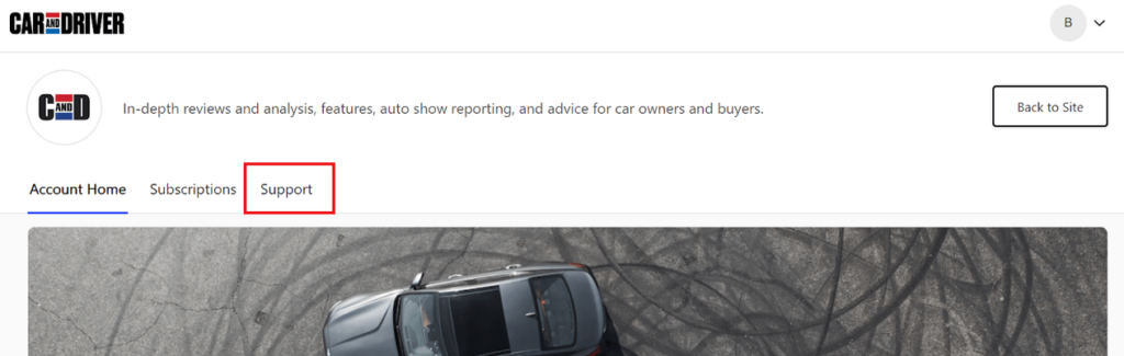 Car and Driver profile center - Support button 
