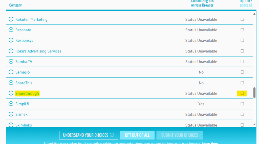 Sharehthrough list of companies to opt out of 