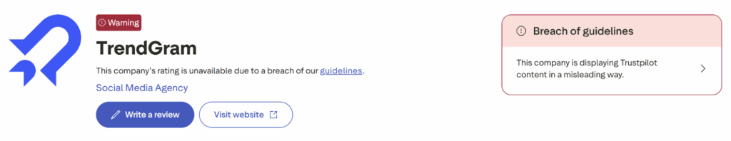 Trendgram has a "Warning" label on Trustpilot 